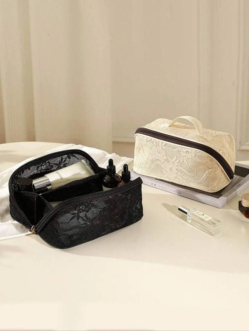 Lace Overlay Cream Cosmetic Travel Bag